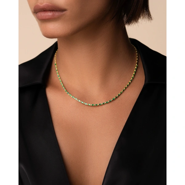 Suzanne Kalan Linear Half Emerald Tennis Necklace in 18K Yellow Gold | Fine Necklaces | Coveti
