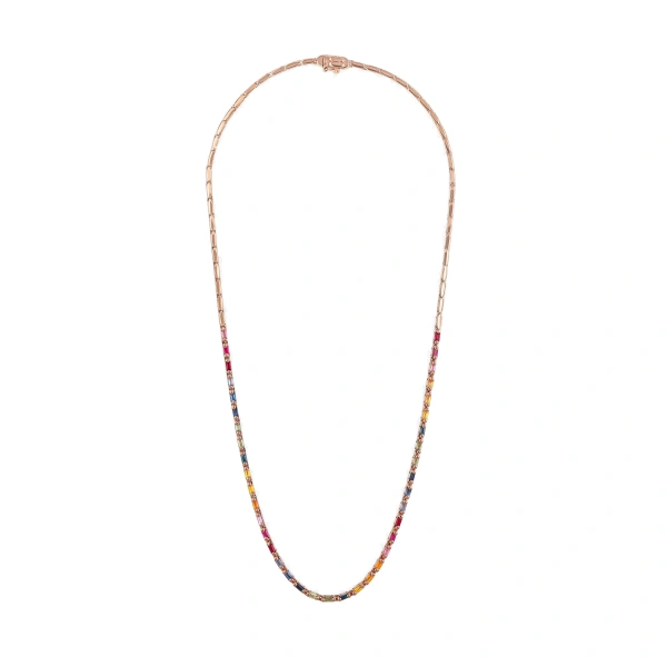 Suzanne Kalan Linear Half Rainbow Sapphire Tennis Necklace in 18K Rose Gold | Fine Necklaces | Coveti