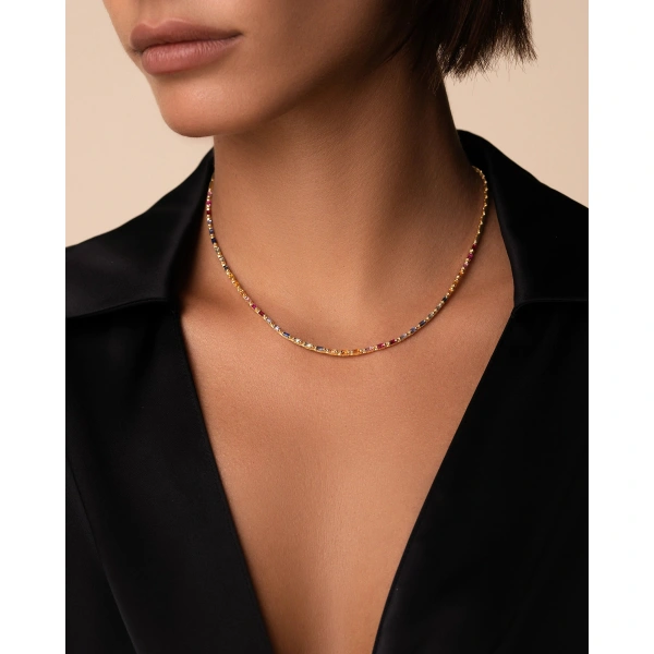Suzanne Kalan Linear Half Rainbow Sapphire Tennis Necklace in 18K Yellow Gold | Fine Necklaces | Coveti