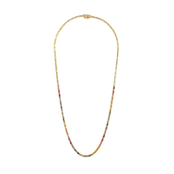 Suzanne Kalan Linear Half Tennis Necklace in 18K Yellow Gold, Rainbow Sapphire | Fine Necklaces | Coveti