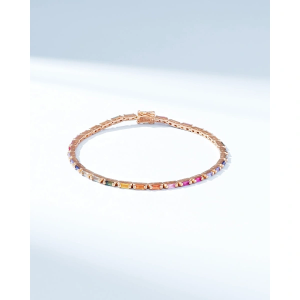 Suzanne Kalan Linear Rainbow Sapphire Tennis Bracelet in 18K Rose Gold | Fine Bracelets | Coveti