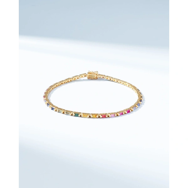 Suzanne Kalan Linear Rainbow Sapphire Tennis Bracelet in 18K Yellow Gold | Fine Bracelets | Coveti
