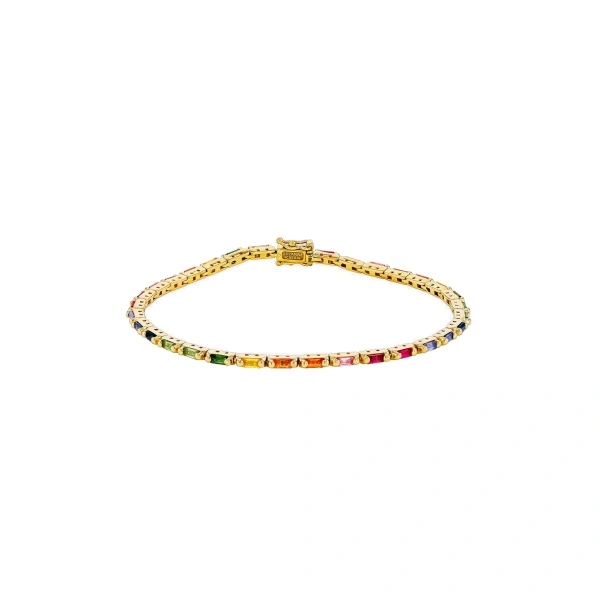 Suzanne Kalan Linear Rainbow Sapphire Tennis Bracelet in 18K Yellow Gold | Fine Bracelets | Coveti