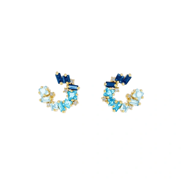 Suzanne Kalan Nadima Blue Ombre Mini Spiral Hoops in 14K Yellow Gold | Fine Earrings | Coveti
