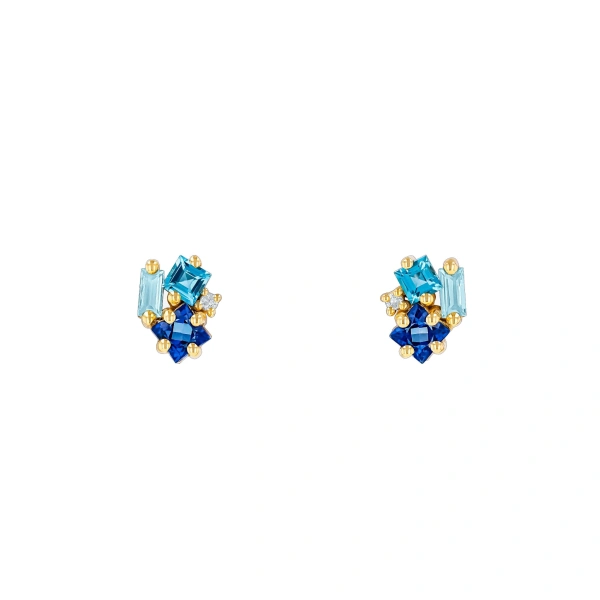 Suzanne Kalan Nadima Cluster Studs in 14K Yellow Gold, Blue Mix | Fine Earrings | Coveti