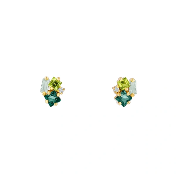 Nadima Cluster Studs in 14K Yellow Gold, Green Mix