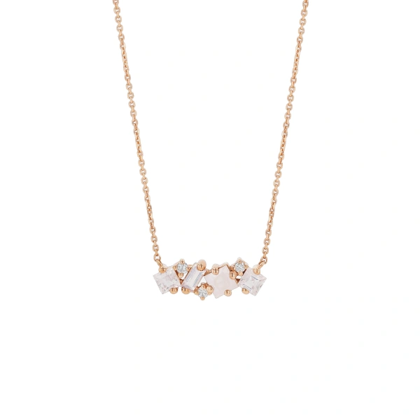 Suzanne Kalan Nadima Midi Bar Pendant in 14K Rose Gold, Rainbow Moonstone | Fine Necklaces | Coveti