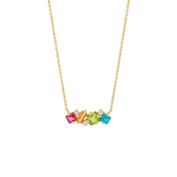 Suzanne Kalan Nadima Midi Bar Pendant in 14K Yellow Gold, Rainbow | Fine Necklaces | Coveti