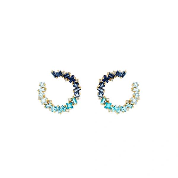 Suzanne Kalan Nadima Midi Spiral Hoops in 14K Yellow Gold, Blue Ombre | Fine Earrings | Coveti