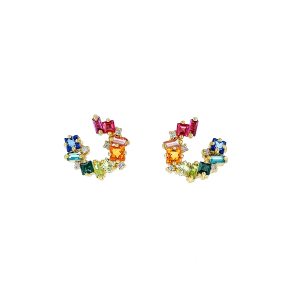 Suzanne Kalan Nadima Mini Spiral Hoops in 14K Yellow Gold, Rainbow | Fine Earrings | Coveti