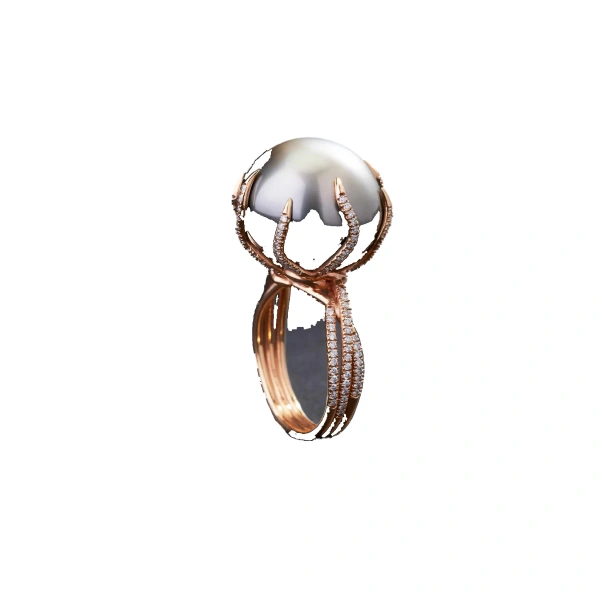 One of a Kind Cultured Pearl Enchanted Ring with Round Diamonds in 18K Rose Gold