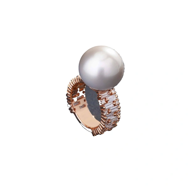 One of a Kind South Sea Pearl Ring with Baguette & Round Diamonds in 18K Rose Gold