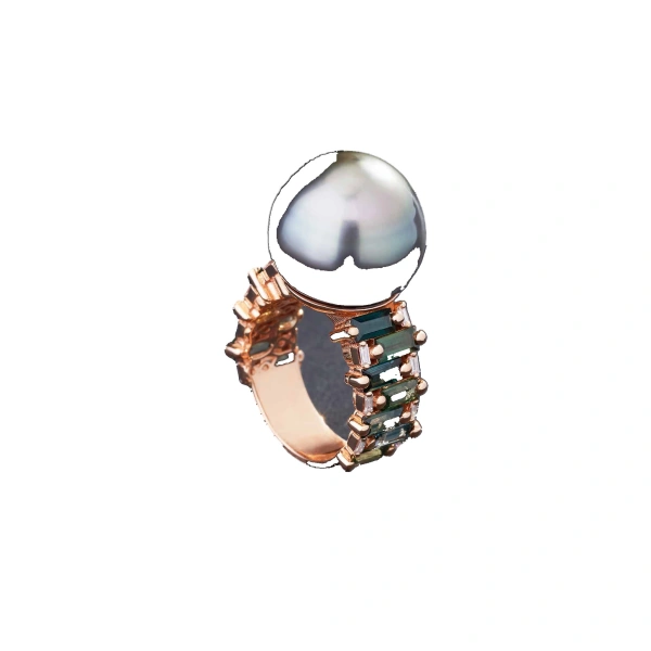 One of a Kind Tahitian Pearl Ring with Green Sapphires & Baguette Diamonds in 18K Rose Gold