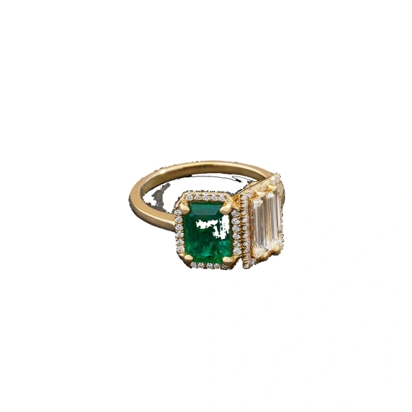 Suzanne Kalan One of a Kind Toi et Moi Emerald & Double Baguette Diamond Ring in 18K Yellow Gold | Fine Rings | Coveti
