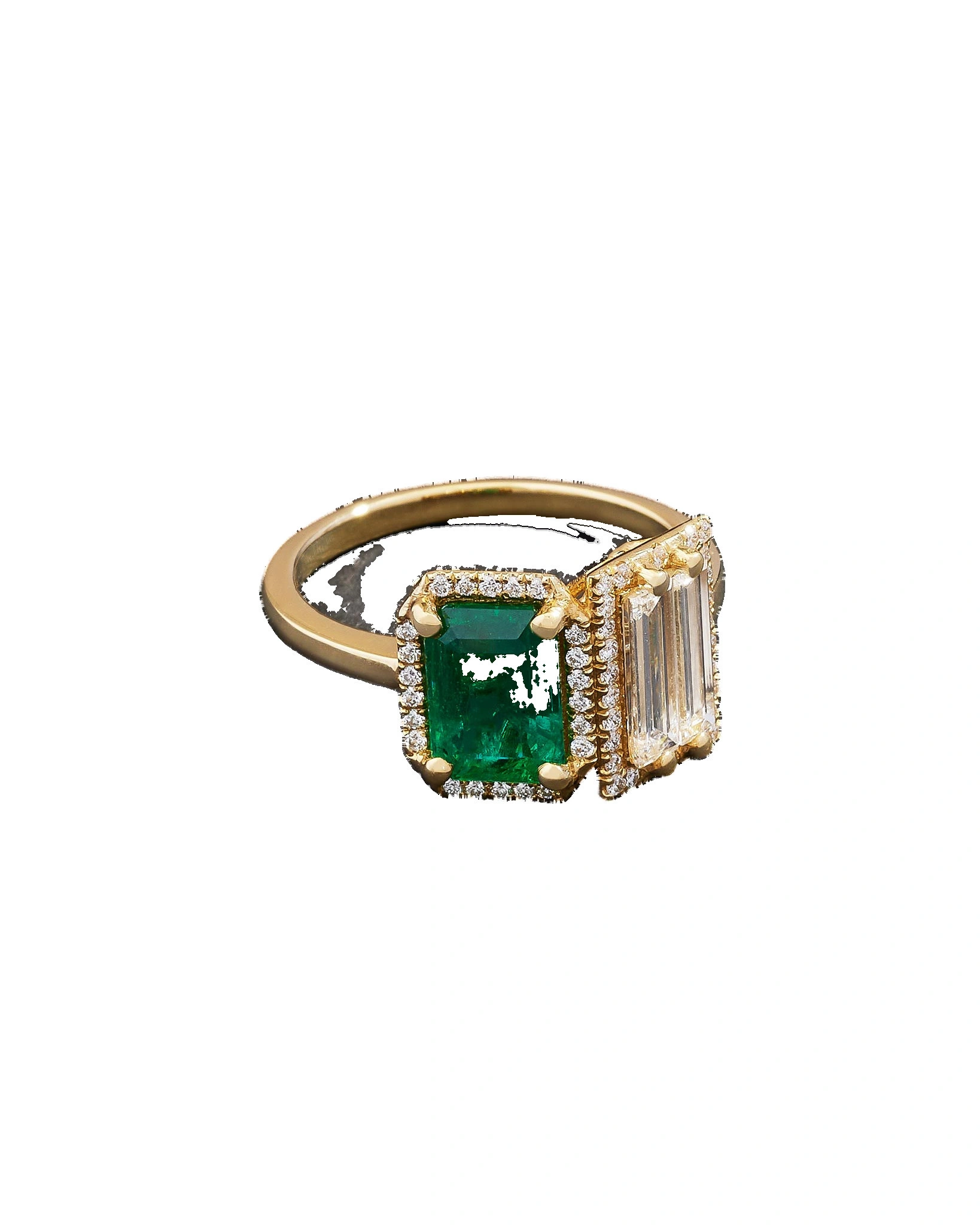 Suzanne Kalan One of a Kind Toi et Moi Emerald & Double Baguette Diamond Ring in 18K Yellow Gold Suzanne Kalan One of a Kind Toi et Moi Emerald & Double Baguette Diamond Ring in 18K Yellow Gold | Fine Rings | Coveti