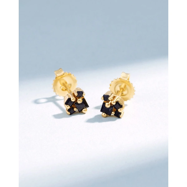 Suzanne Kalan Princess Cluster Black Sapphire Studs in 18K Yellow Gold | Fine Earrings | Coveti