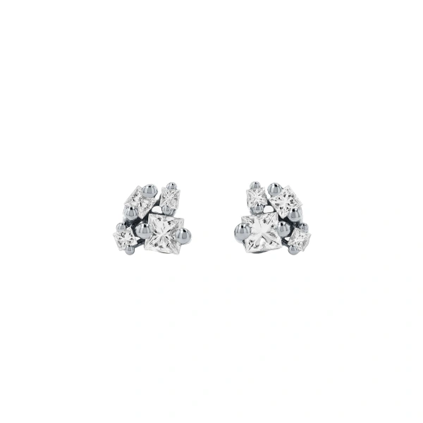 Princess Cluster Diamond Studs in 18K White Gold