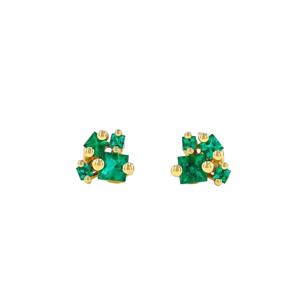 Suzanne Kalan Princess Cluster Emerald Studs in 18K Yellow Gold | Fine Earrings | Coveti