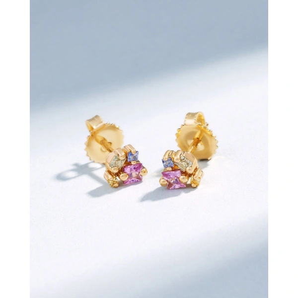 Suzanne Kalan Princess Cluster Pastel Sapphire Studs in 18K Yellow Gold | Fine Earrings | Coveti