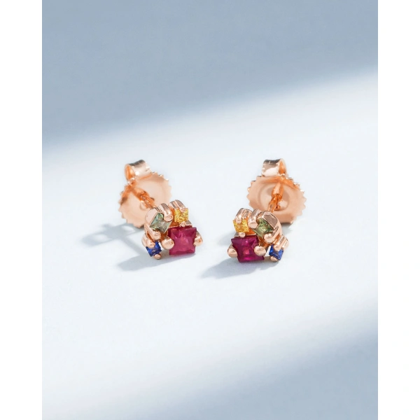 Suzanne Kalan Princess Cluster Rainbow Sapphire Studs in 18K Rose Gold | Fine Earrings | Coveti