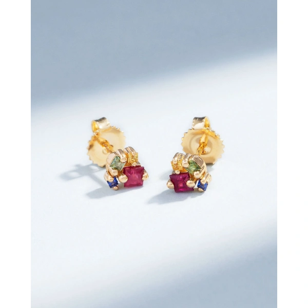 Suzanne Kalan Princess Cluster Rainbow Sapphire Studs in 18K Yellow Gold | Fine Earrings | Coveti