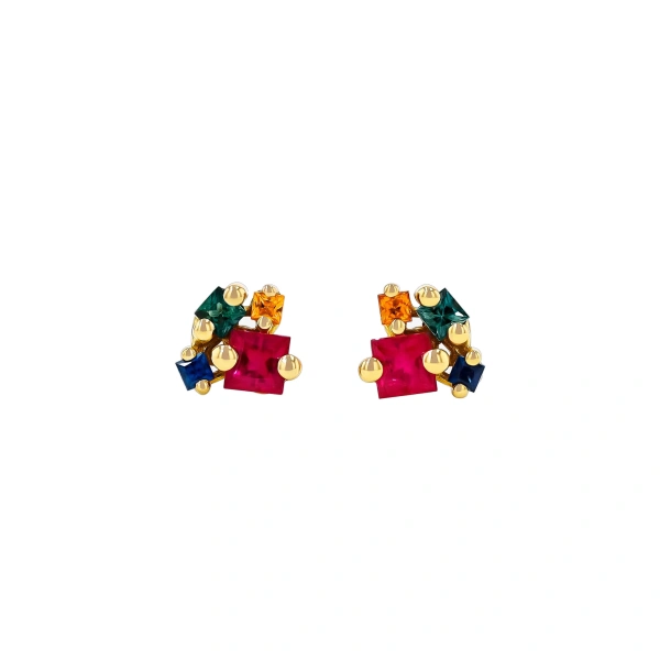 Princess Cluster Rainbow Sapphire Studs in 18K Yellow Gold