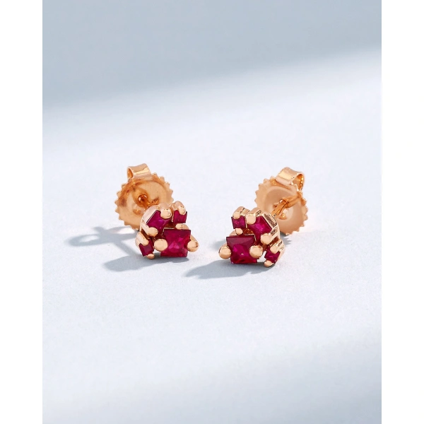 Suzanne Kalan Princess Cluster Ruby Studs in 18K Rose Gold | Fine Earrings | Coveti