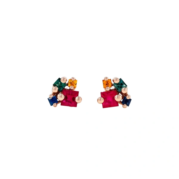 Suzanne Kalan Princess Cluster Studs in 18K Rose Gold, Rainbow Sapphire | Fine Earrings | Coveti