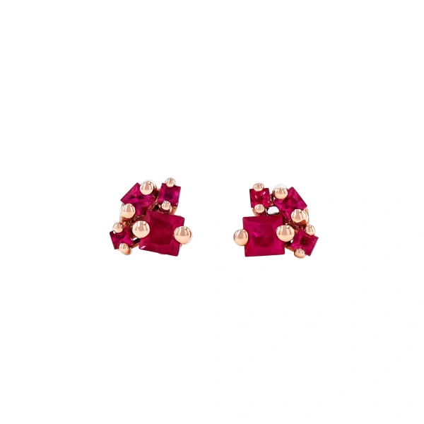 Suzanne Kalan Princess Cluster Studs in 18K Rose Gold, Ruby | Fine Earrings | Coveti