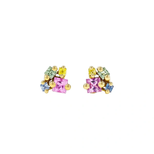 Suzanne Kalan Princess Cluster Studs in 18K Yellow Gold, Pastel Sapphire | Fine Earrings | Coveti