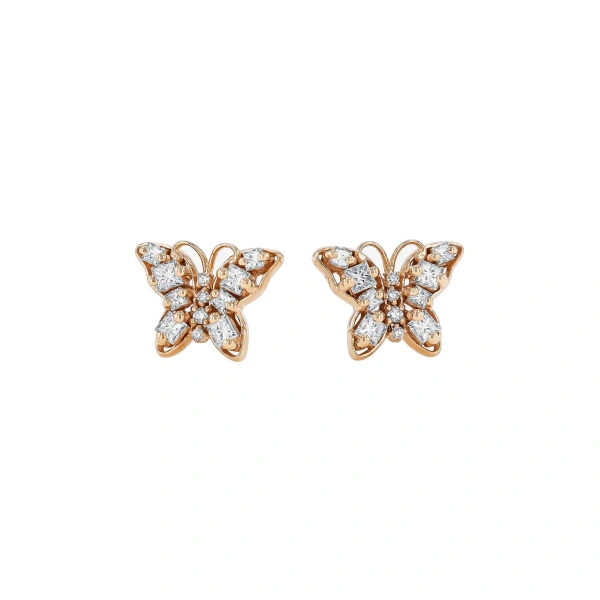 Suzanne Kalan Princess Diamond Mini Butterfly Studs in 18K Rose Gold | Fine Earrings | Coveti