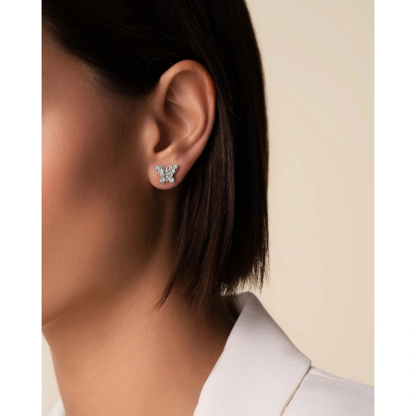 Suzanne Kalan Princess Diamond Mini Butterfly Studs in 18K White Gold | Fine Earrings | Coveti