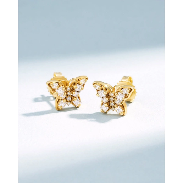 Suzanne Kalan Princess Diamond Mini Butterfly Studs in 18K Yellow Gold | Fine Earrings | Coveti