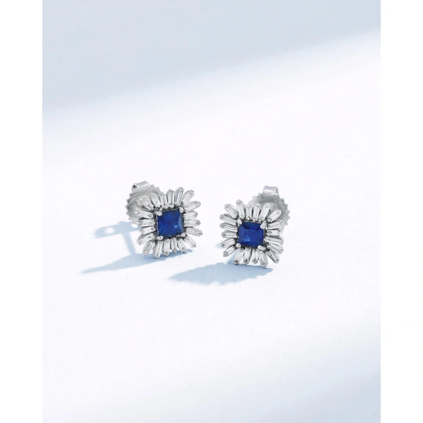 Suzanne Kalan Princess Midi Dark Blue Sapphire Spark Studs in 18K White Gold | Fine Earrings | Coveti