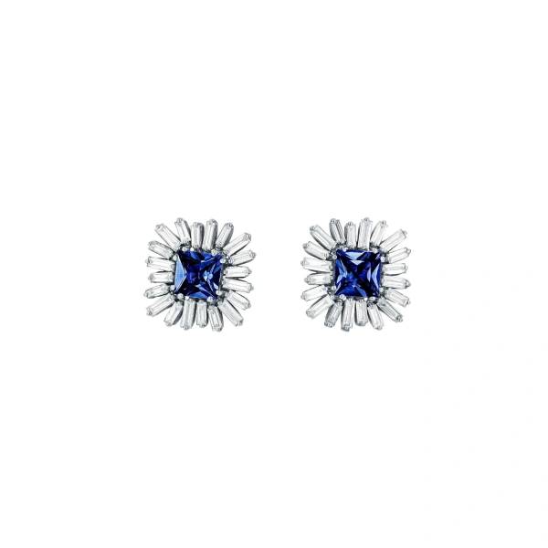 Suzanne Kalan Princess Midi Dark Blue Sapphire Spark Studs in 18K White Gold | Fine Earrings | Coveti