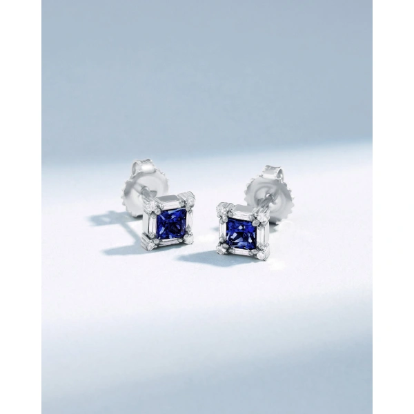 Suzanne Kalan Princess Midi Dark Blue Sapphire Studs in 18K White Gold | Fine Earrings | Coveti