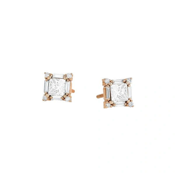 Suzanne Kalan Princess Midi Diamond Studs in 18K Rose Gold | Fine Earrings | Coveti