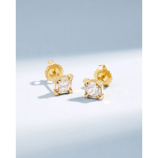 Suzanne Kalan Princess Midi Diamond Studs in 18K Yellow Gold | Fine Earrings | Coveti