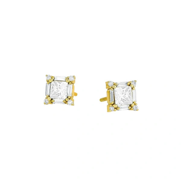 Suzanne Kalan Princess Midi Diamond Studs in 18K Yellow Gold | Fine Earrings | Coveti