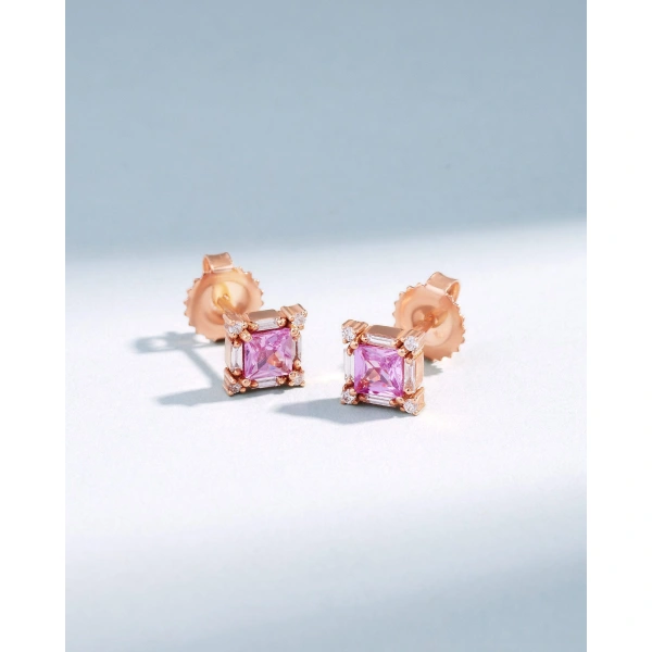 Suzanne Kalan Princess Midi Pink Sapphire Studs in 18K Rose Gold | Fine Earrings | Coveti