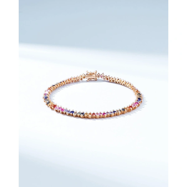 Suzanne Kalan Princess Midi Rainbow Sapphire Tennis Bracelet in 18K Rose Gold | Fine Bracelets | Coveti
