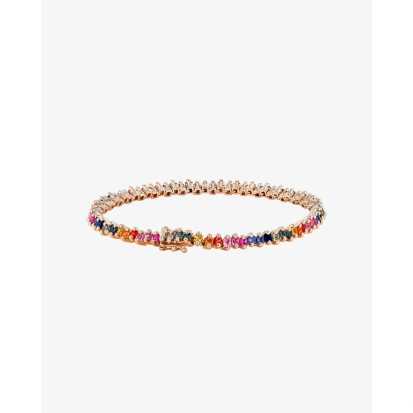 Suzanne Kalan Princess Midi Rainbow Sapphire Tennis Bracelet in 18K Rose Gold | Fine Bracelets | Coveti