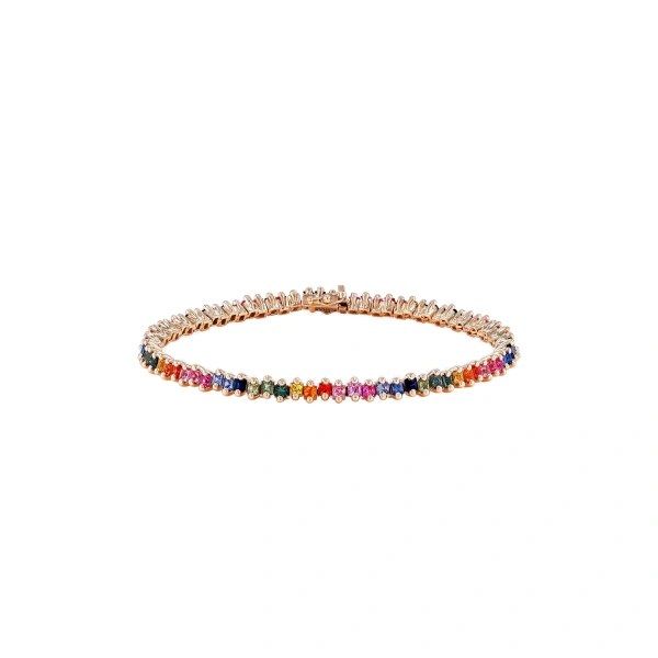 Suzanne Kalan Princess Midi Rainbow Sapphire Tennis Bracelet in 18K Rose Gold | Fine Bracelets | Coveti