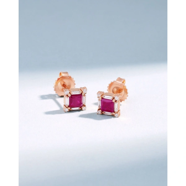 Suzanne Kalan Princess Midi Ruby Studs in 18K Rose Gold | Fine Earrings | Coveti