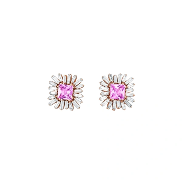 Suzanne Kalan Princess Midi Spark Studs in 18K Rose Gold, Pink Sapphire | Fine Earrings | Coveti