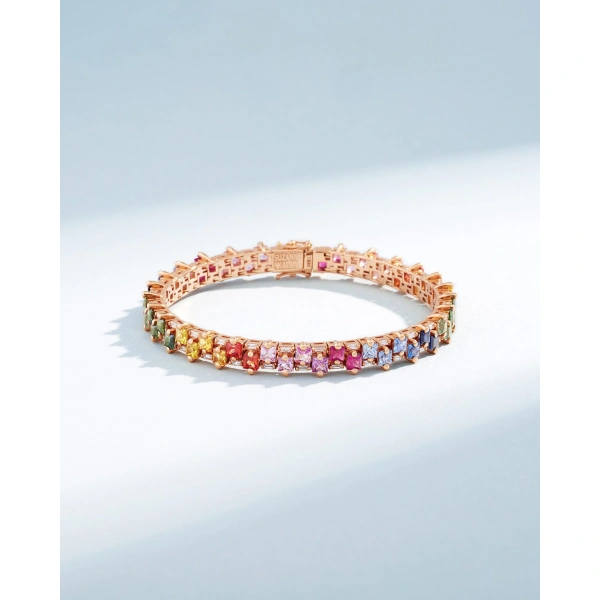 Suzanne Kalan Princess Midi Stack Rainbow Sapphire Tennis Bracelet in 18K Rose Gold | Fine Bracelets | Coveti
