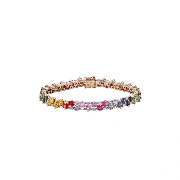 Suzanne Kalan Princess Midi Stack Tennis Bracelet in 18K Rose Gold, Rainbow Sapphire | Fine Bracelets | Coveti