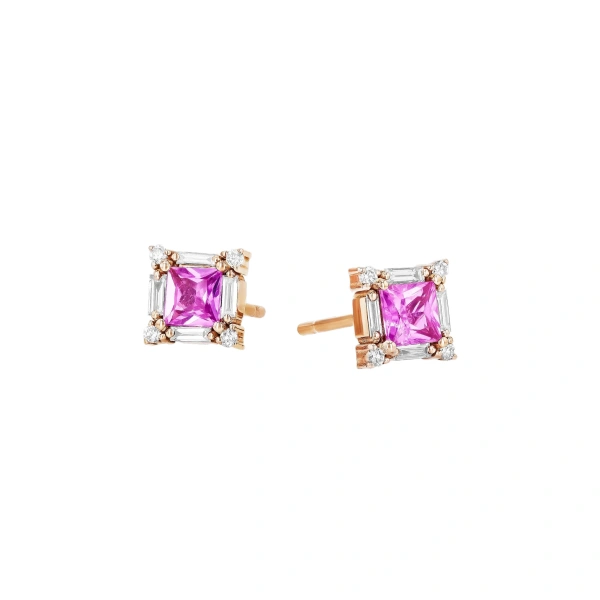 Suzanne Kalan Princess Midi Studs in 18K Rose Gold, Pink Sapphire | Fine Earrings | Coveti