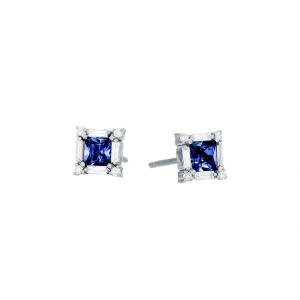 Suzanne Kalan Princess Midi Studs in 18K White Gold, Dark Blue Sapphire | Fine Earrings | Coveti