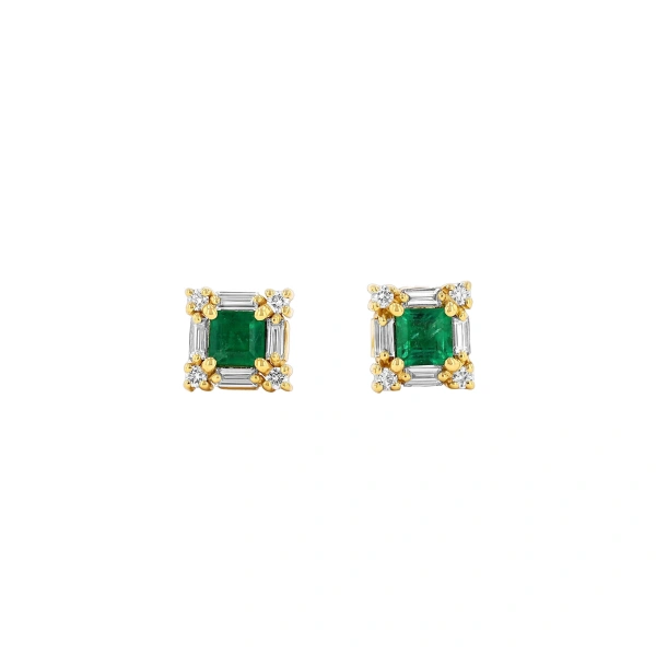 Princess Mini Studs in 18K Yellow Gold, Emerald